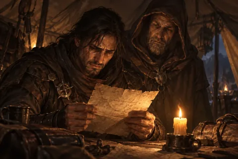 AI reconstructed illustration: The Wanderer and Lorath read Neyrelle's farewell letter inside her abandoned tent.