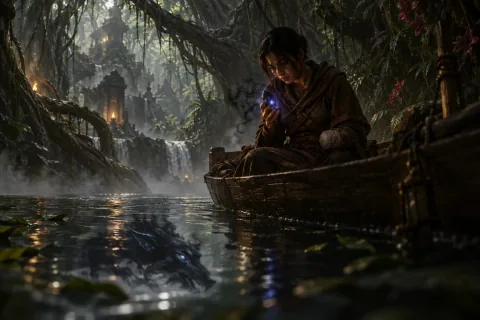 AI-reconstructed illustration — Neyrelle enduring the whispers of the blue soulstone on a boat traversing the jungles of Nahantu.
