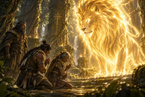 AI reconstructed illustration: The majestic golden lion spirit of Akarat manifests in the ancient sanctuary, as Eru and the elderly Maka kneel in deep reverence.