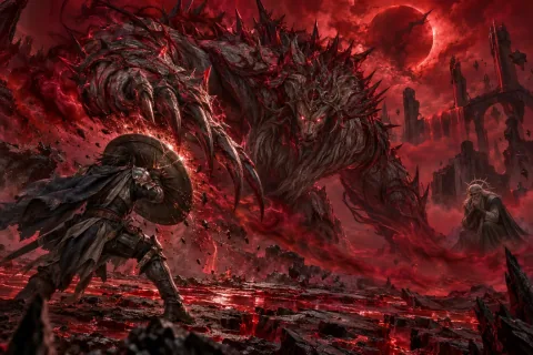 AI reconstructed illustration: Under a blood-red sky in the corrupted Spirit Realm, the Wanderer battles the mutated spirit Ah Bulan, who is covered in dark red thorns.