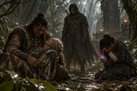 AI reconstructed illustration: Eru cradles the lifeless body of Maka in grief, while Neyrelle weeps in intense guilt on the jungle floor, holding the blue soulstone.