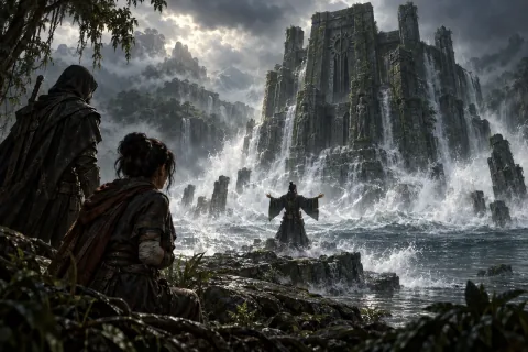 AI reconstructed illustration: Eru chants a spell to raise the colossal, ancient stone tomb from the depths of the misty Nahantu lake.