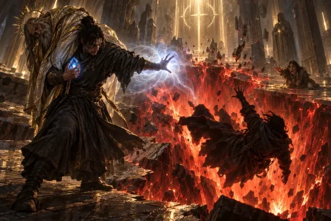 AI reconstructed illustration: Eru betrays the group, stealing Akarat's body and the soulstone while casting the Wanderer into a fiery rift to Hell.