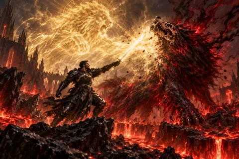 AI reconstructed illustration: Infused with Akarat's sacrificing golden light, the Wanderer slays Mephisto's giant bloody wolf in the depths of Hell.