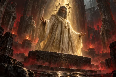 AI reconstructed illustration: In the ruins of Travincal, Mephisto rises in the stolen body of Akarat, disguised as a holy human prophet.