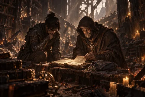 AI-reconstructed illustration — Lorath and the Wanderer, consumed by grief, reading Neyrelle's research notes in the burnt library.