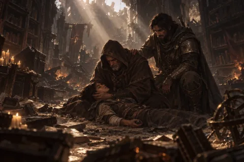 AI Reconstructed Illustration: Lorath kneeling in grief over Neyrelle's lifeless body in the ruined Ishari Sanctum.