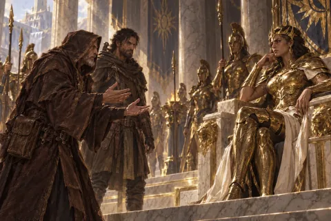 AI Reconstructed Illustration: Queen Adreona of Skovos listening skeptically to Lorath's warnings in her golden throne room.
