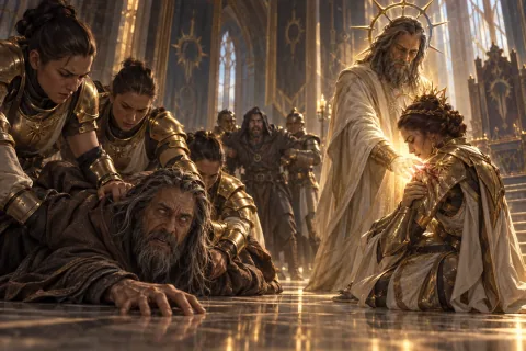 AI Reconstructed Illustration: Mephisto in Akarat's form healing Queen Adreona after she was attacked by a controlled Lorath.