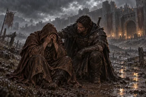 AI Reconstructed Illustration: The Wanderer comforting a despairing Lorath outside the walls of Skovos.