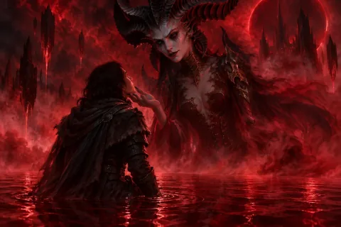 AI Reconstructed Illustration: The Wanderer meeting the spirit of Lilith within a surreal mental realm of red mist.