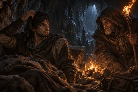 AI Reconstructed Illustration: The Wanderer waking up in the dark cave as Lorath watches over him with concern.