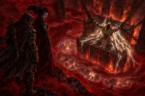 🎨 In the blood-red memory realm, the Wanderer and Lilith witness the past torture of the bound archangel Inarius in Hell.