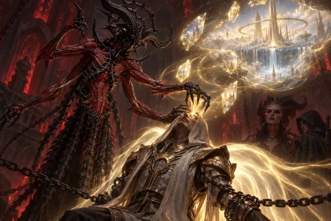 🎨 Mephisto extracts the memory of the Pool of Creation from Inarius, watched by the horrified spirits of Lilith and the Wanderer.