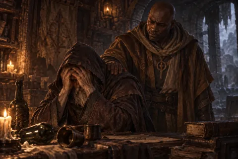 🎨 The mortal Tyrael returns to offer comfort and strength to the despairing Lorath Nahr in his dark hideout.