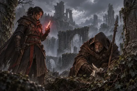 🎨 The Wanderer and Lorath search the misty ruins of Skovos to recover the broken fragments of Lilith's bone dagger.