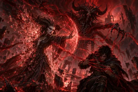 🎨 Lilith's spirit sacrifices itself to shield the Wanderer from Mephisto, urging them to sever the blood connection.