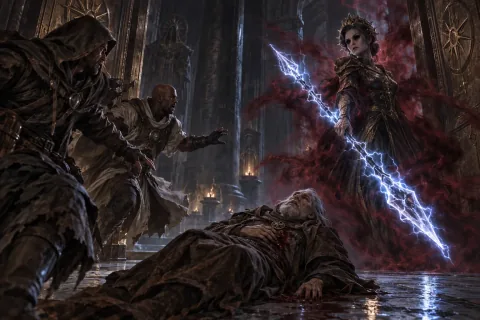 🎨 The Wanderer and Tyrael discover the mortally wounded Lorath at the feet of the corrupted Queen Adreona.