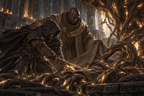 🎨 The roots of the Tree of Whispers claim Lorath's head as Tyrael and the grieving Wanderer watch in sorrow.