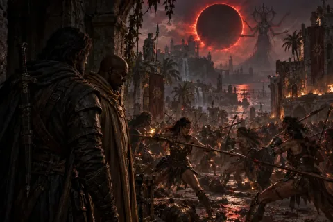 AI reconstructed illustration: The Wanderer and mortal Tyrael witness the corrupted Amazons fighting under the eclipse in Skovos.