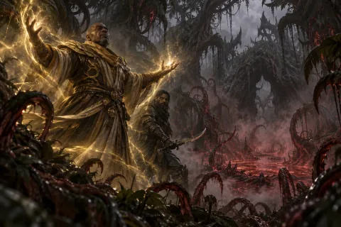 AI reconstructed illustration: Tyrael opens the magical barrier to the corrupted Pool of Creation.