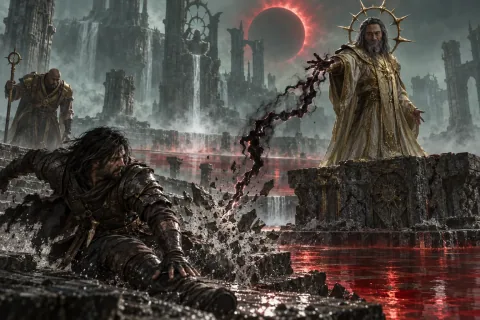 AI reconstructed illustration: The Wanderer dodges black lightning from Mephisto in the guise of the false prophet Akarat.