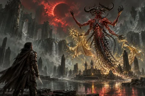 AI reconstructed illustration: The Wanderer witnesses the revelation of Mephisto's true form at the Pools of Creation.