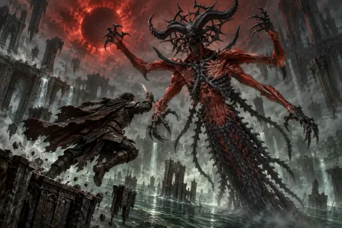 AI-reconstructed illustration — The Wanderer confronting Mephisto with Lilith's dagger at the Pool of Creation.
