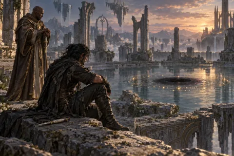 AI reconstructed illustration: The Wanderer and mortal Tyrael watch a closing empty portal after Mephisto's banishment.
