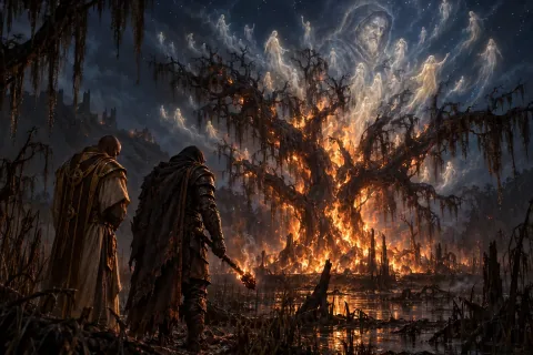 AI reconstructed illustration: The Wanderer burns the Tree of Whispers, freeing Lorath's soul into the night sky.