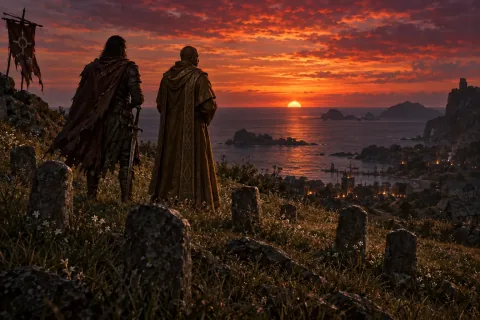 AI-reconstructed illustration — The Wanderer and Tyrael honor the fallen at sunset on the coast of Skovos.