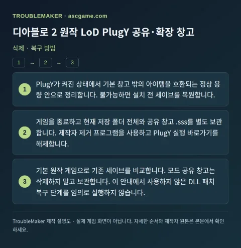 디아블로 2 원작 LoD PlugY 공유·확장 창고 — 삭제 · 복구 방법 · TroubleMaker