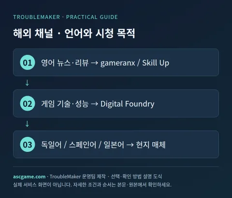 해외 채널 · 언어와 시청 목적 — TroubleMaker 운영팀 제작 · 선택·확인 방법 설명 도식