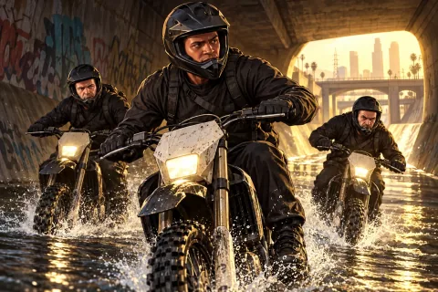 AI Illustration · Motorcycle Escape · A scene reconstruction referencing the characters and locations of the traces left by money and voice. Not an official screenshot.