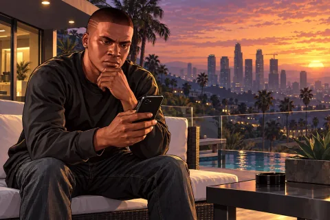 AI Illustration · Franklin's Phone · Scene reconstruction referencing characters and locations from the three choices. Not an official screenshot.