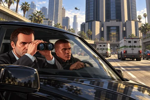 AI Illustration · Surveying the Score · Scene reconstruction referencing characters and locations from the Union Depository. Not an official screenshot.