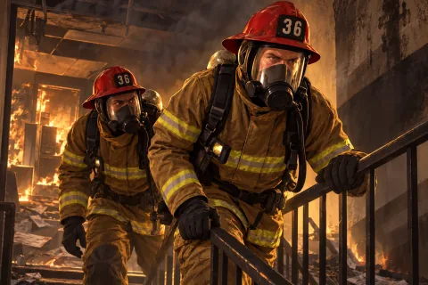 AI Illustration · A scene reconstruction based on the characters and locations of The Bureau Raid · The Fire Crew Entry Path. Not an official screenshot.