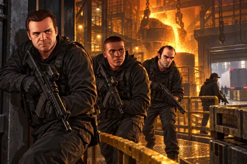 AI Illustration · Ending C · Scene reconstruction referencing the characters and locations of Lester's plan and the foundry. Not an official screenshot.