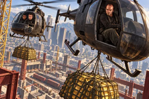 AI Illustration · From Helicopter to Train · Scene reconstruction referencing characters and locations from the final transport. Not an official screenshot.