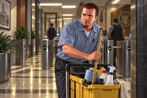 AI Illustration · A scene reconstruction based on the characters and locations of Cleaning Out the Bureau · The Janitor's Identity. Not an official screenshot.