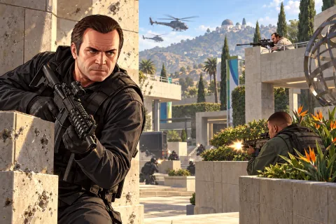 AI Illustration · The Wrap Up · A scene reconstruction referencing the characters and locations of the siege at the Kortz Center. Not an official screenshot.