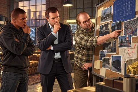 AI Illustration · A scene reconstruction based on the characters and locations of The Architect's Blueprints · Two Alternatives on the Planning Board. Not an official screenshot.