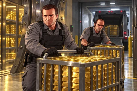 AI Illustration · The Big Score · A scene reconstruction referencing the characters and locations of transporting gold disguised as guards. Not an official screenshot.