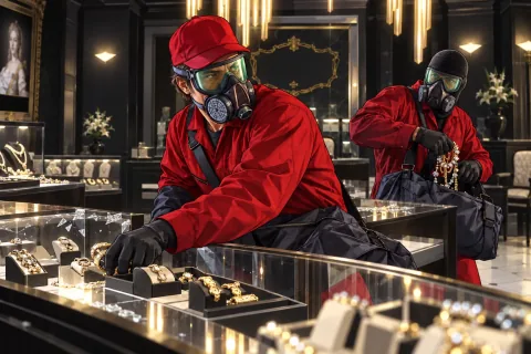 AI Illustration · Disguised as pest control for the jewelry store heist — A scene reconstruction, not an official screenshot.