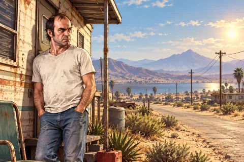 AI Illustration · Trevor in Sandy Shores and his desolate living space — A scene reconstruction, not an official screenshot.