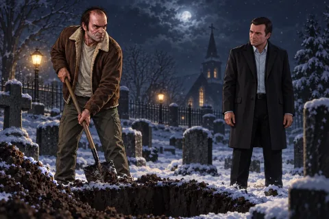 AI Illustration · Trevor questioning the past at the North Yankton cemetery — A scene reconstruction, not an official screenshot.