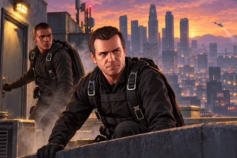AI Illustration · Michael and Franklin approaching the roof of the FIB building — A scene reconstruction, not an official screenshot.