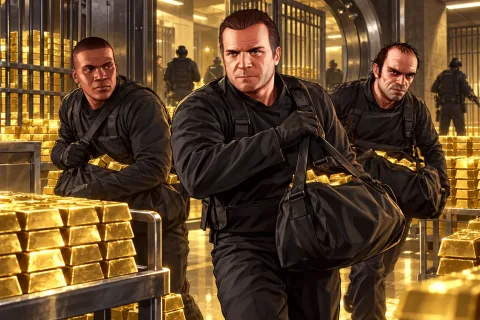 AI Illustration · A symbolic portrait of the heist crew targeting the gold of the Union Depository — A scene reconstruction, not an official screenshot