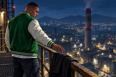 Ilustración IA · Barandilla de la central eléctrica que simboliza la ruptura del Final B — Reconstrucción de escena, no captura oficial