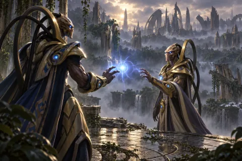 AI-reconstructed illustration — Protoss facing the light of the Xel'naga on ancient Aiur.